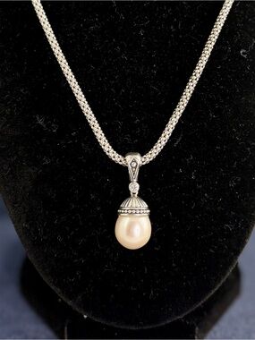 LAGOS Caviar Sterling Silver Pearl Drop Dangle Diamond Pendant Charm Necklace